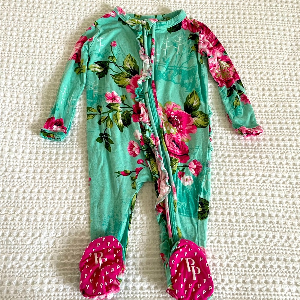 Posh Peanut Zip-Up Pajamas in Green Floral Print.